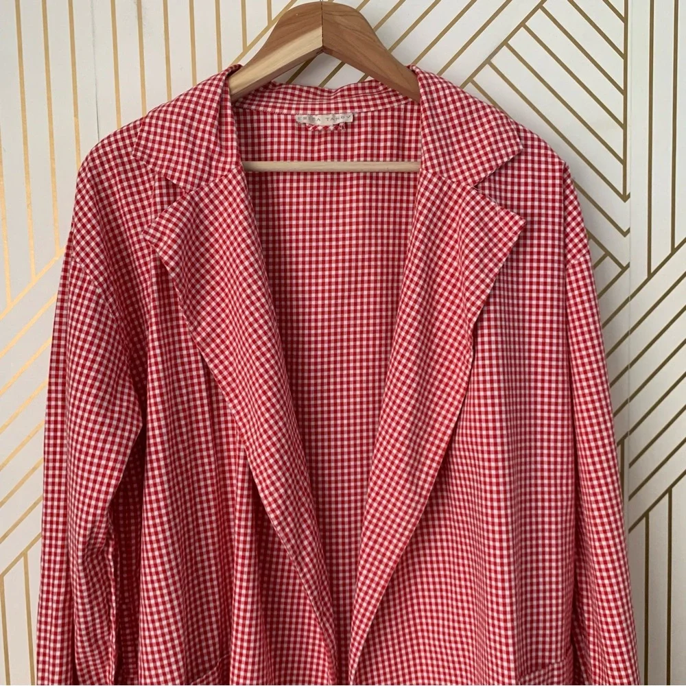 Erica Tanov cotton gingham open front long line blazer jacket Lagenlook boho S